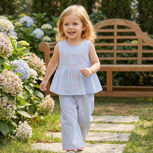 Girls’ Summer 2-Piece Outfit – Striped Set with Bow Embroidery