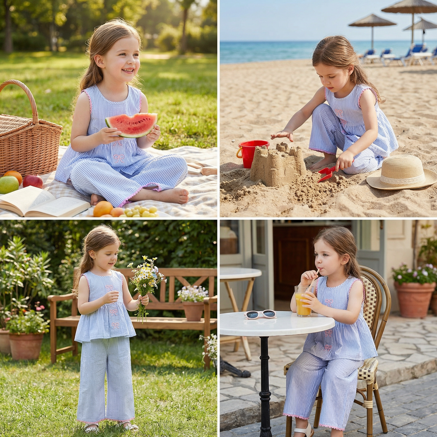 Girls’ Summer 2-Piece Outfit – Striped Set with Bow Embroidery
