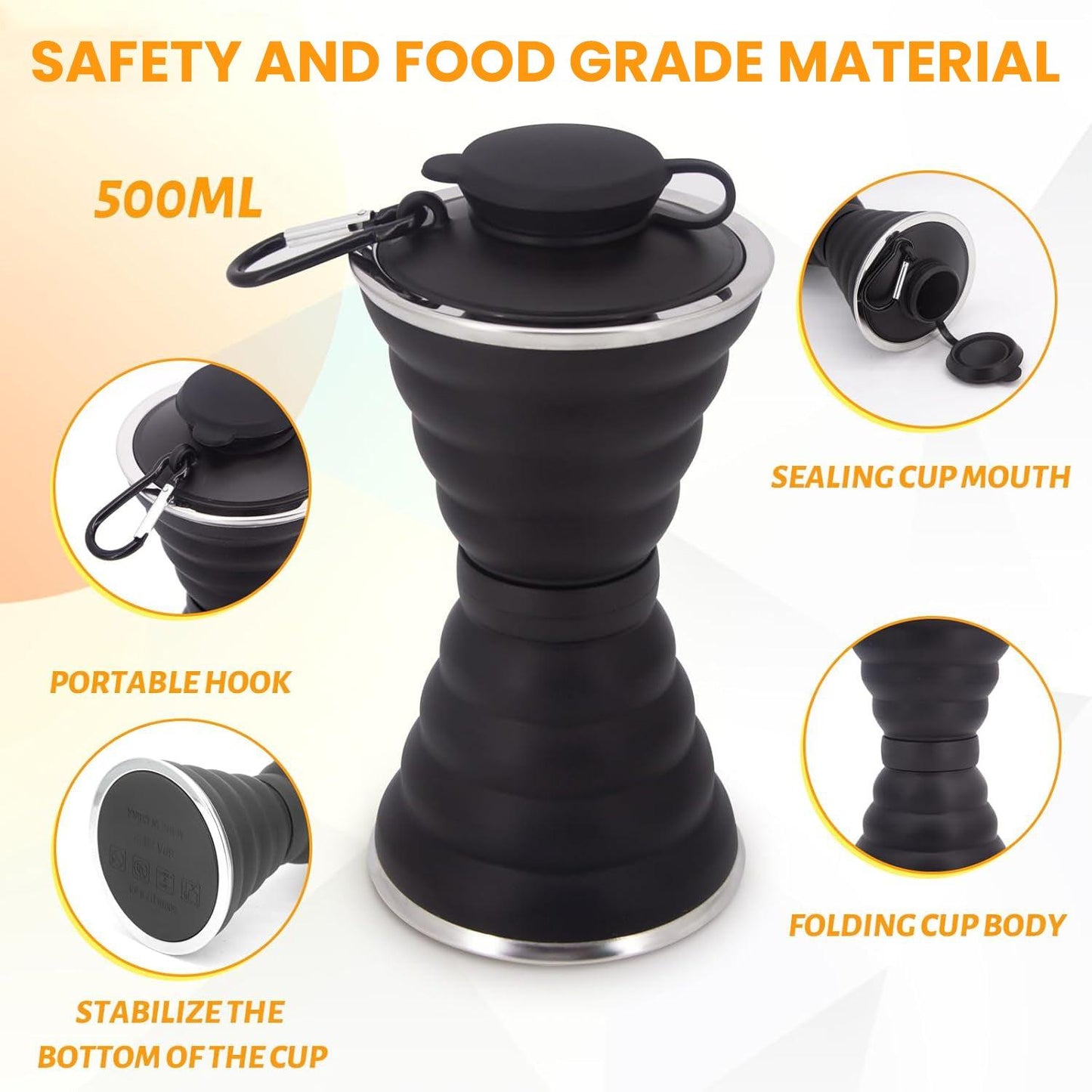 Foldable Drink Bottle - 500ml Silicone Water Bottle BPA Free Soft Flask