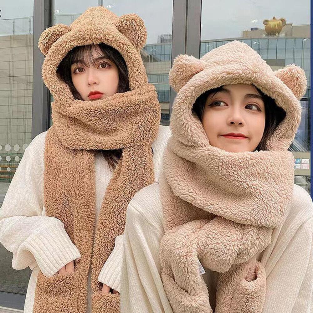 Womens Hat Scarf and Gloves Set - Cute 3 In 1 Set Bear Ear Fleece Winter Warm Hooded Girl Earflap