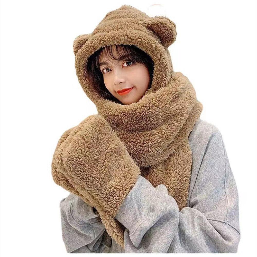 Womens Hat Scarf and Gloves Set - Cute 3 In 1 Set Bear Ear Fleece Winter Warm Hooded Girl Earflap