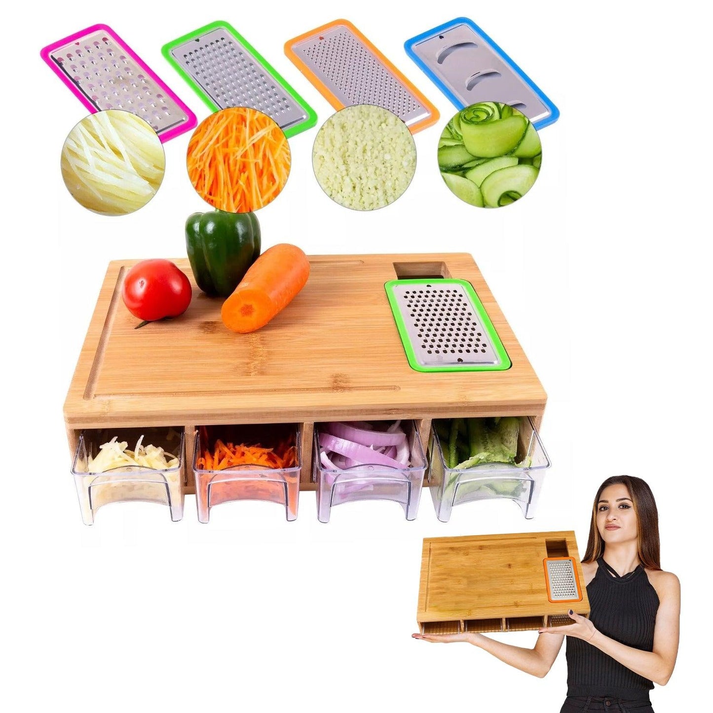 Wooden Chopping Board - Large Bamboo Wood Chopping Board With 4 BPA Free Plastic Drawers Cutting Boards