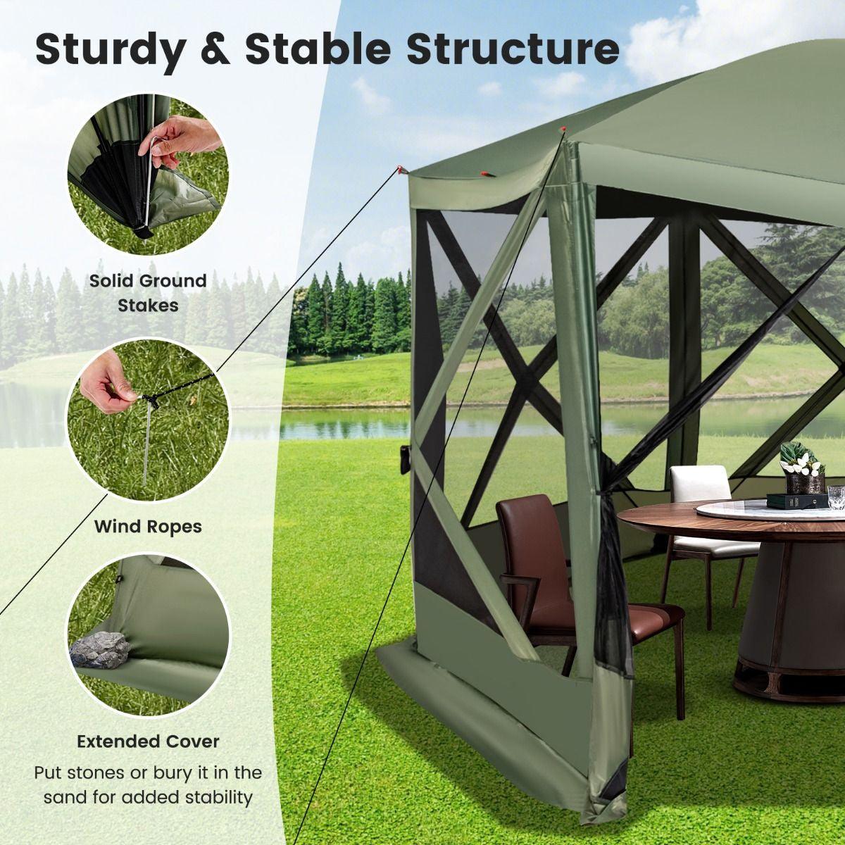 Family Camping Tent - 6-Sided Camping Gazebo Instant Setup Hub Tent with Portable Carrying Bag