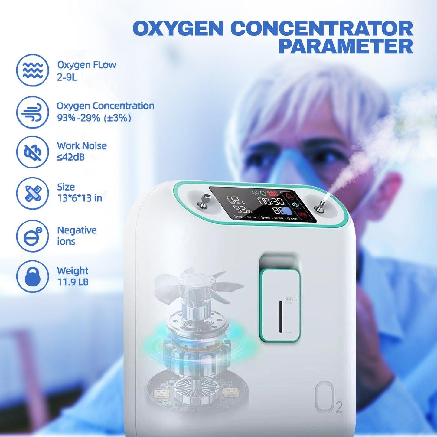 Home Air Purification - 2-9L/min Oxygen purifier Machine Atomization Function High Purity Flow Rate 93%