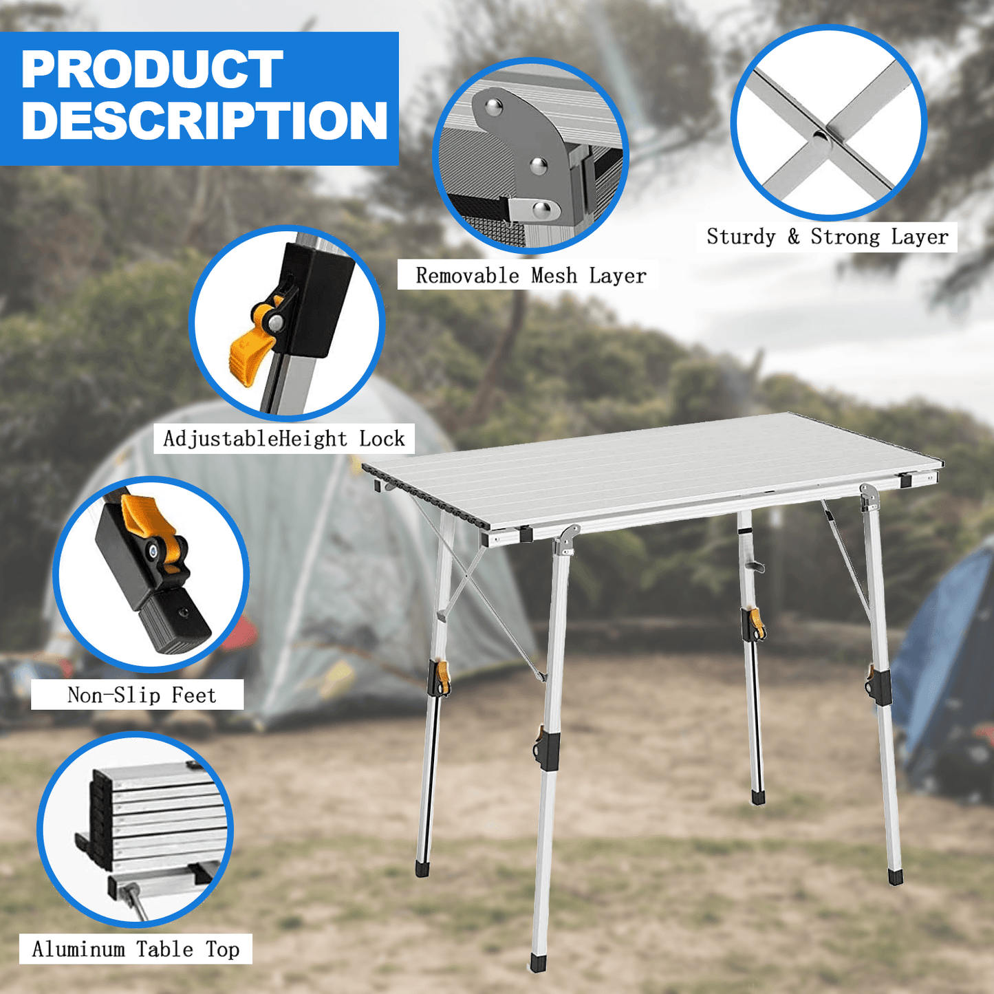 Rollup Camping Table – Adjustable Height Folding Picnic Table for Outdoor & Travel