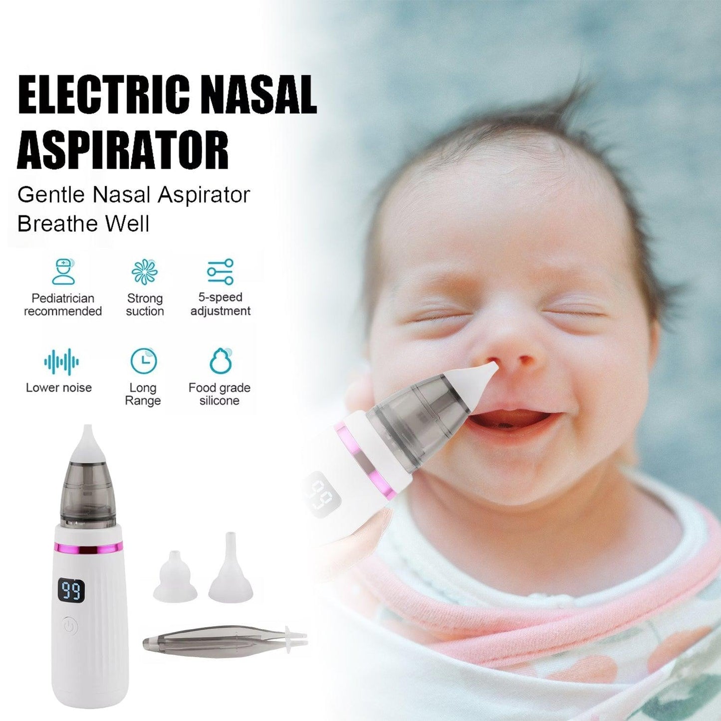 Electric Nose Aspirator - Rechargeable Baby Nasal Aspirator Safe Hygienic Nose Cleaner for Infant