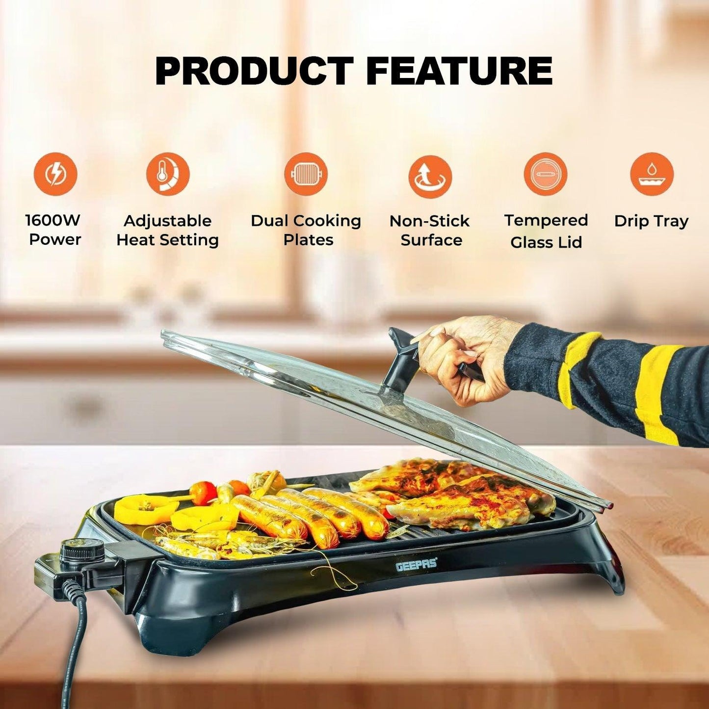 Electric Barbeque Grill - 1600W Tabletop BBQ Griddle with Smokeless Hot Plate for Indoor & Outdoor Cooking