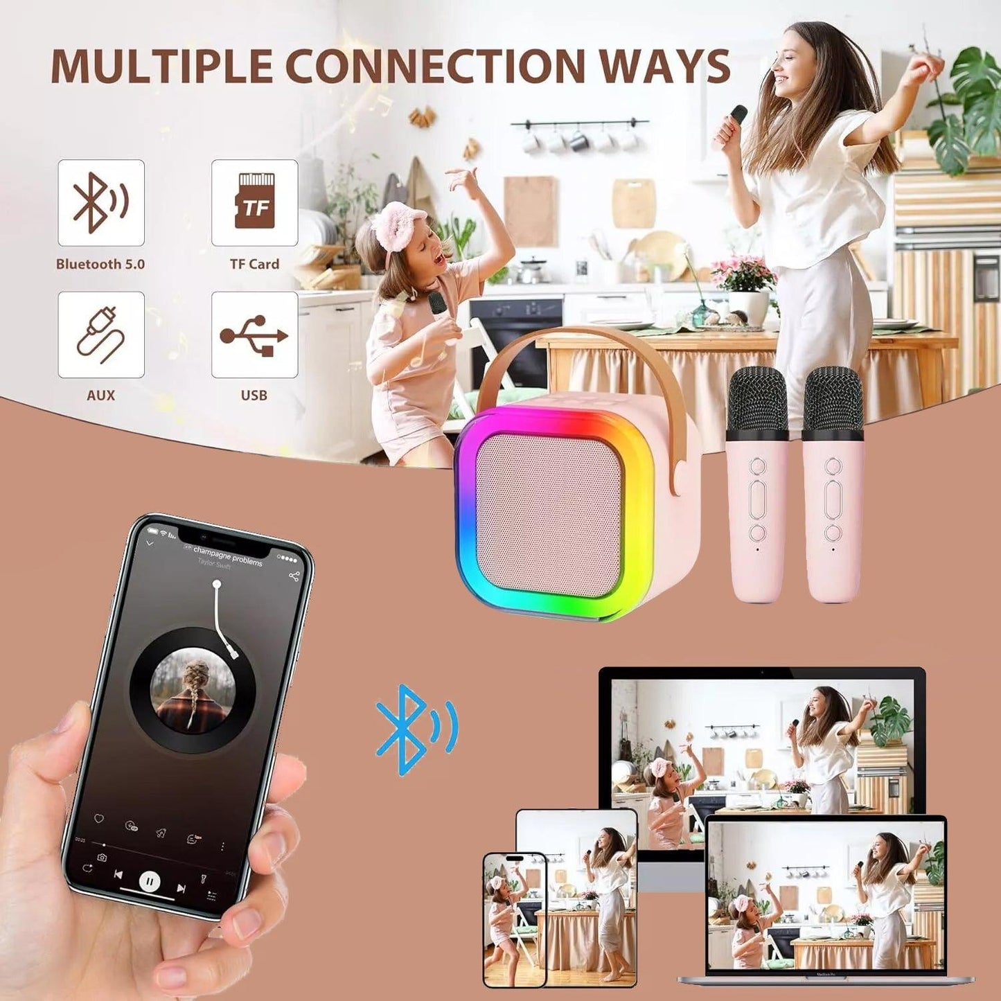 Karaoke Machine With Wireless Mic - Mini Karaoke Machine With 2 Wireless Microphones Speaker For Kids Adults Gifts