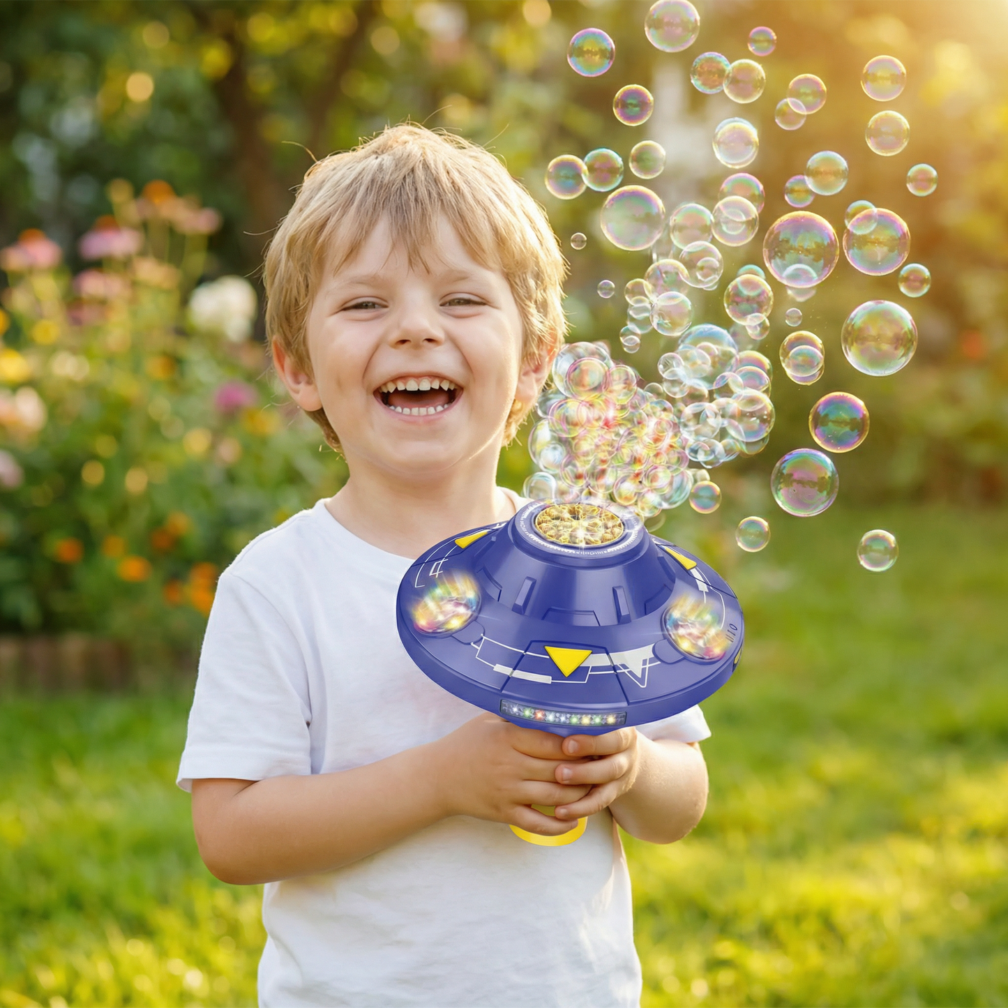 Light-Up UFO Bubble Machine for Kids – Rechargeable Spinning Bubble Blaster with LED Effects