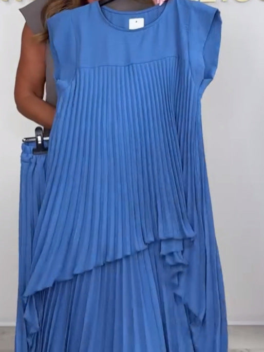 🔥Limited discount!🔥Laney Pleated Short Sleeve Irregular Midi Top and Elastic Waist Wide Leg Pants Set
