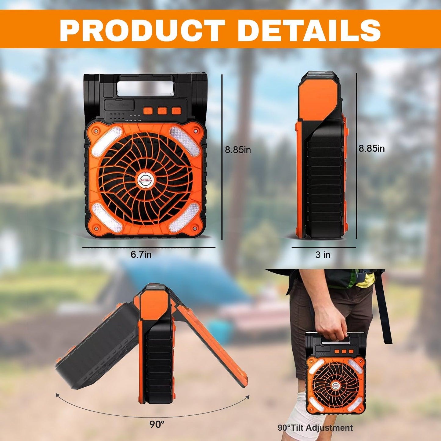 Rechargeable Camping Fan - 20000Mah Solar Powered Portable Fan with LED Lantern, 3 Speeds Cord