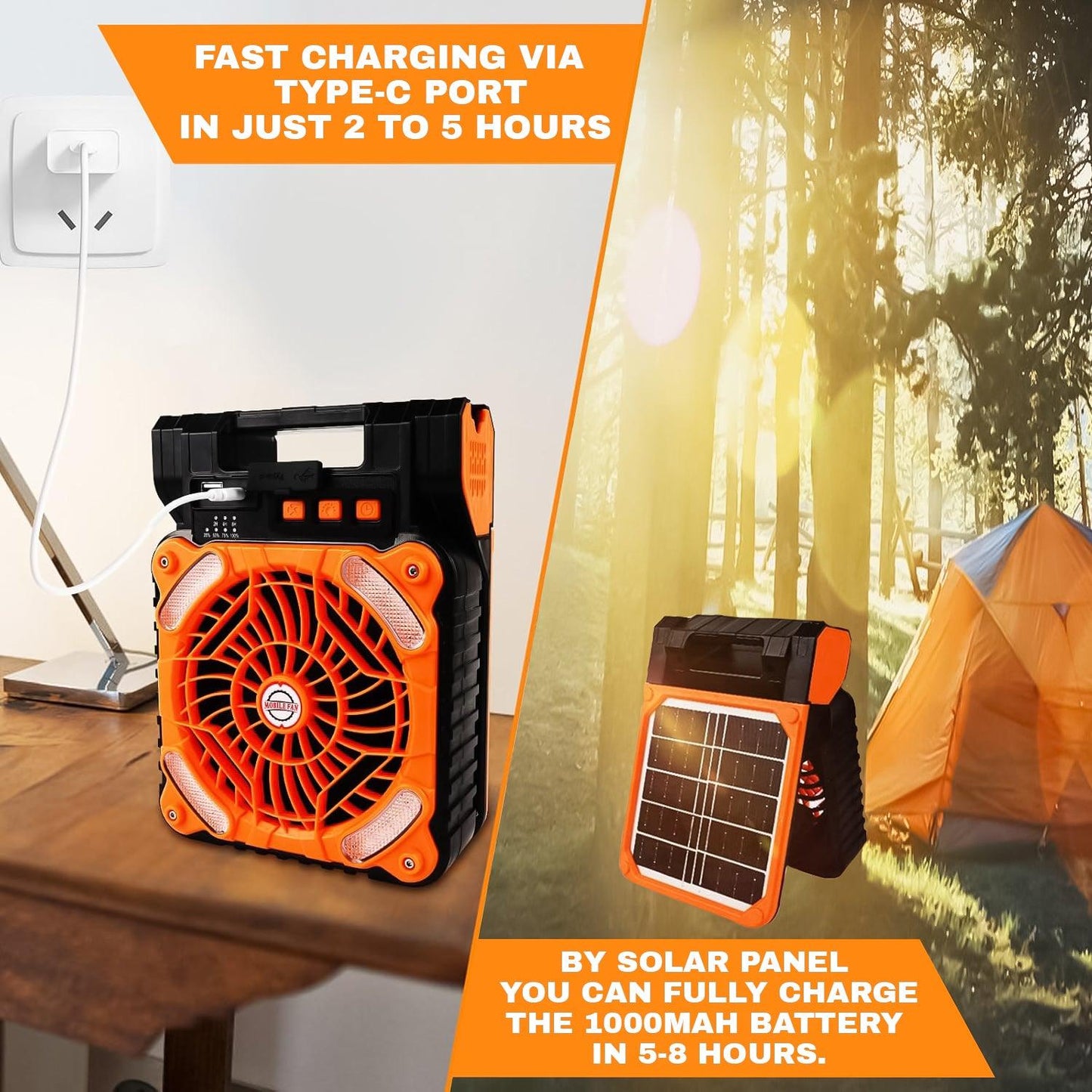 Rechargeable Camping Fan - 20000Mah Solar Powered Portable Fan with LED Lantern, 3 Speeds Cord