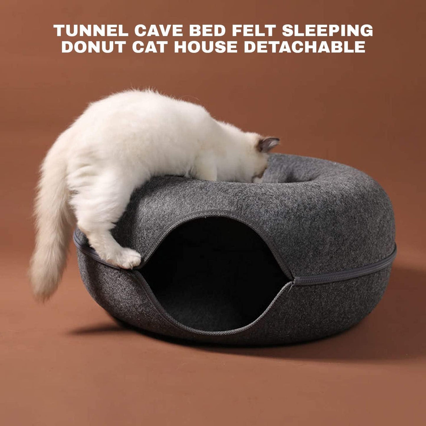 Cat Tunnel Bed - Natural Felt Pet Cat Cave Nest Round House Donut Interactive Toy