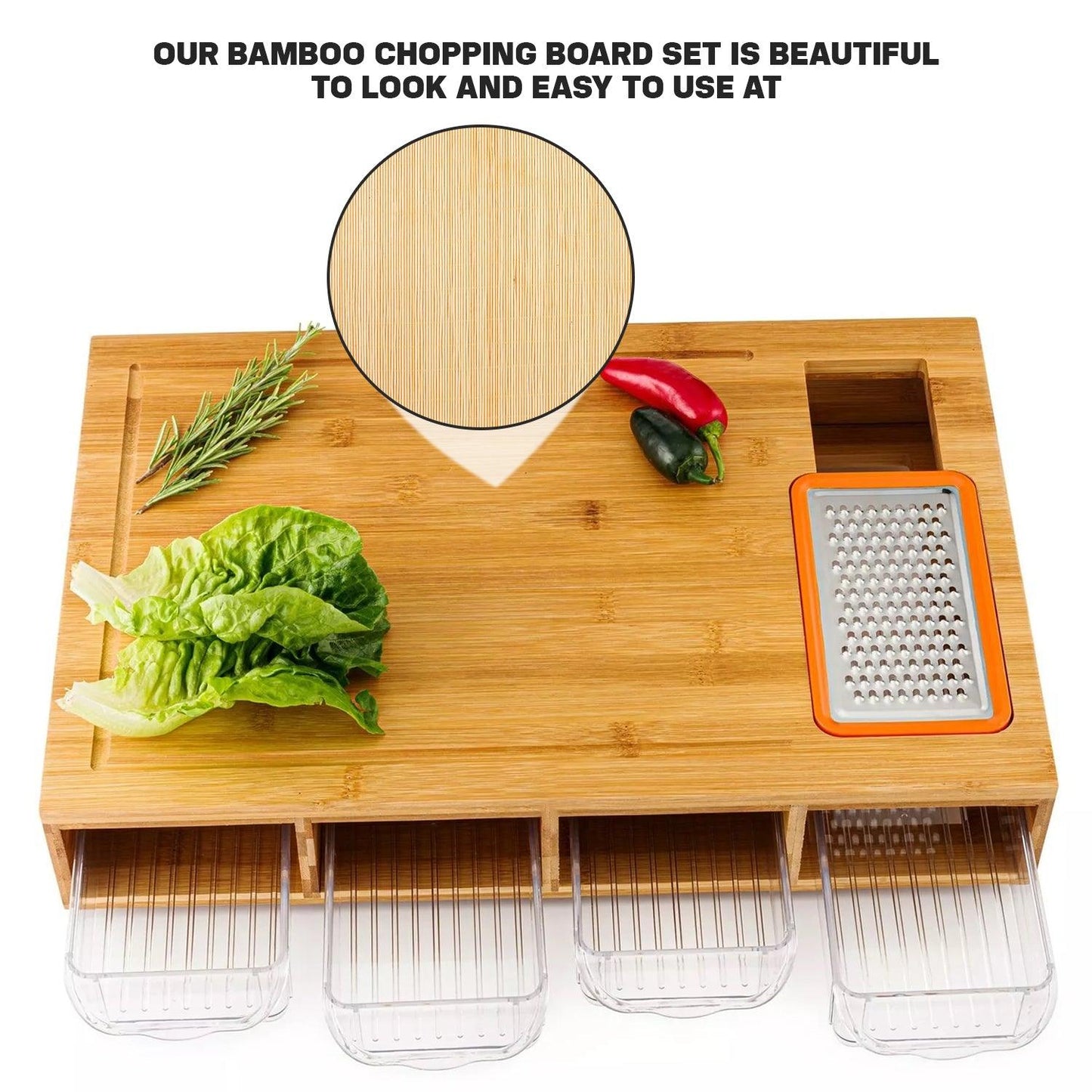 Wooden Chopping Board - Large Bamboo Wood Chopping Board With 4 BPA Free Plastic Drawers Cutting Boards
