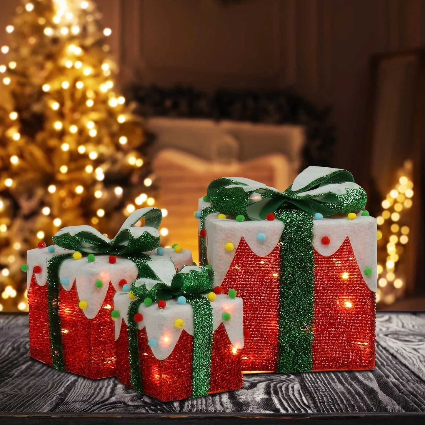 Christmas Light Up Presents - Gift Boxes Set LED Lighted Decorations for Indoor & Outdoor Use UK