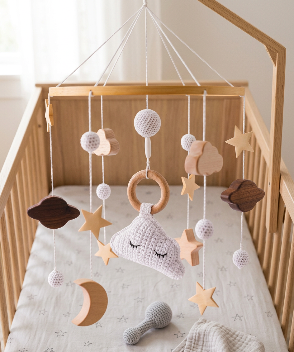 Handmade Wooden Baby Crib Mobile with Crochet Pendants – Soothing Bed Toy for Newborns