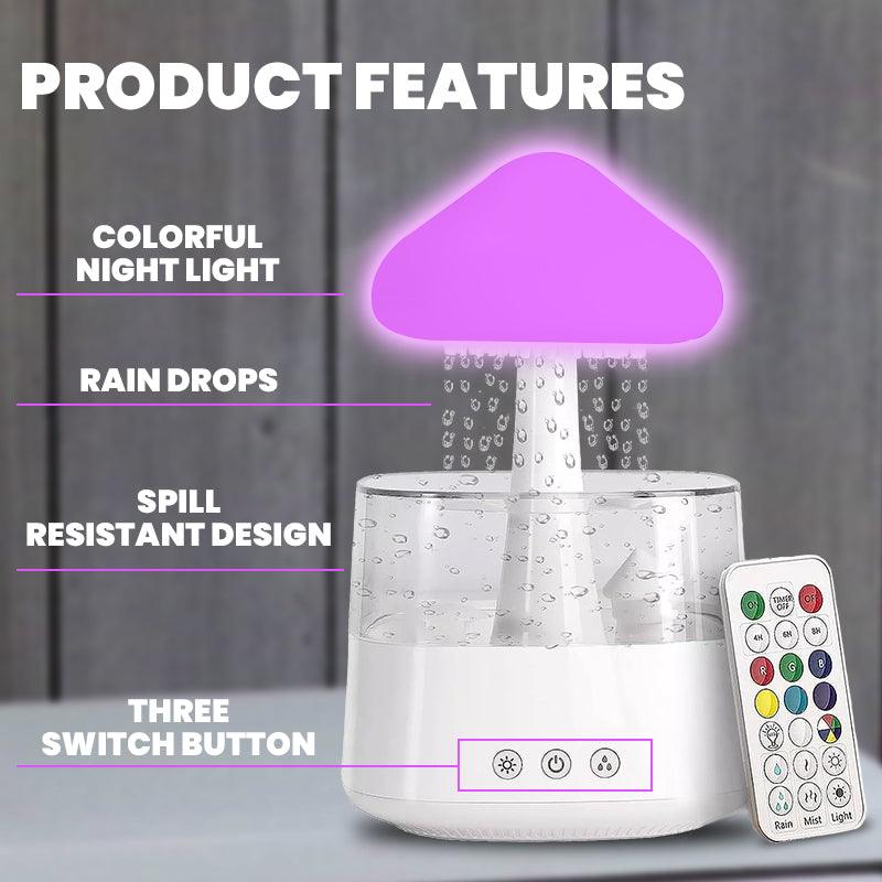 Rain Cloud Humidifier - LED Mushroom Waterfall Lamp Diffuser  Drop Sound Night Light Aromatherapy Oil Essential