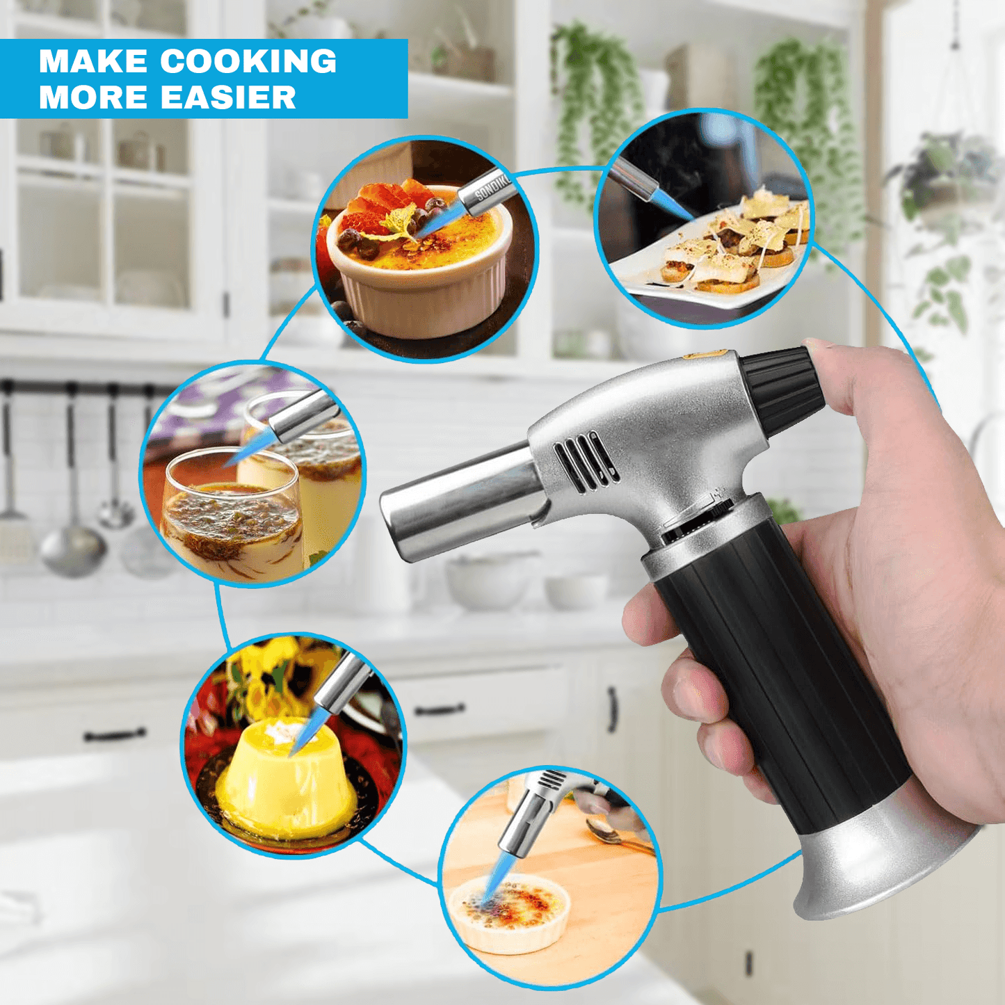 Blow Torch For Cooking - Adjustable Flame Kitchen Torch for Baking, Desserts & BBQ | Safety Lock & Refillable