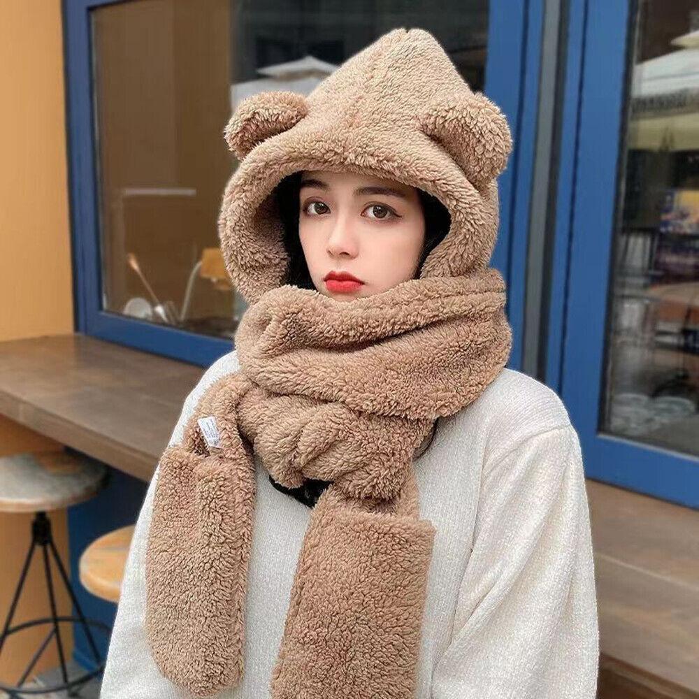 Womens Hat Scarf and Gloves Set - Cute 3 In 1 Set Bear Ear Fleece Winter Warm Hooded Girl Earflap