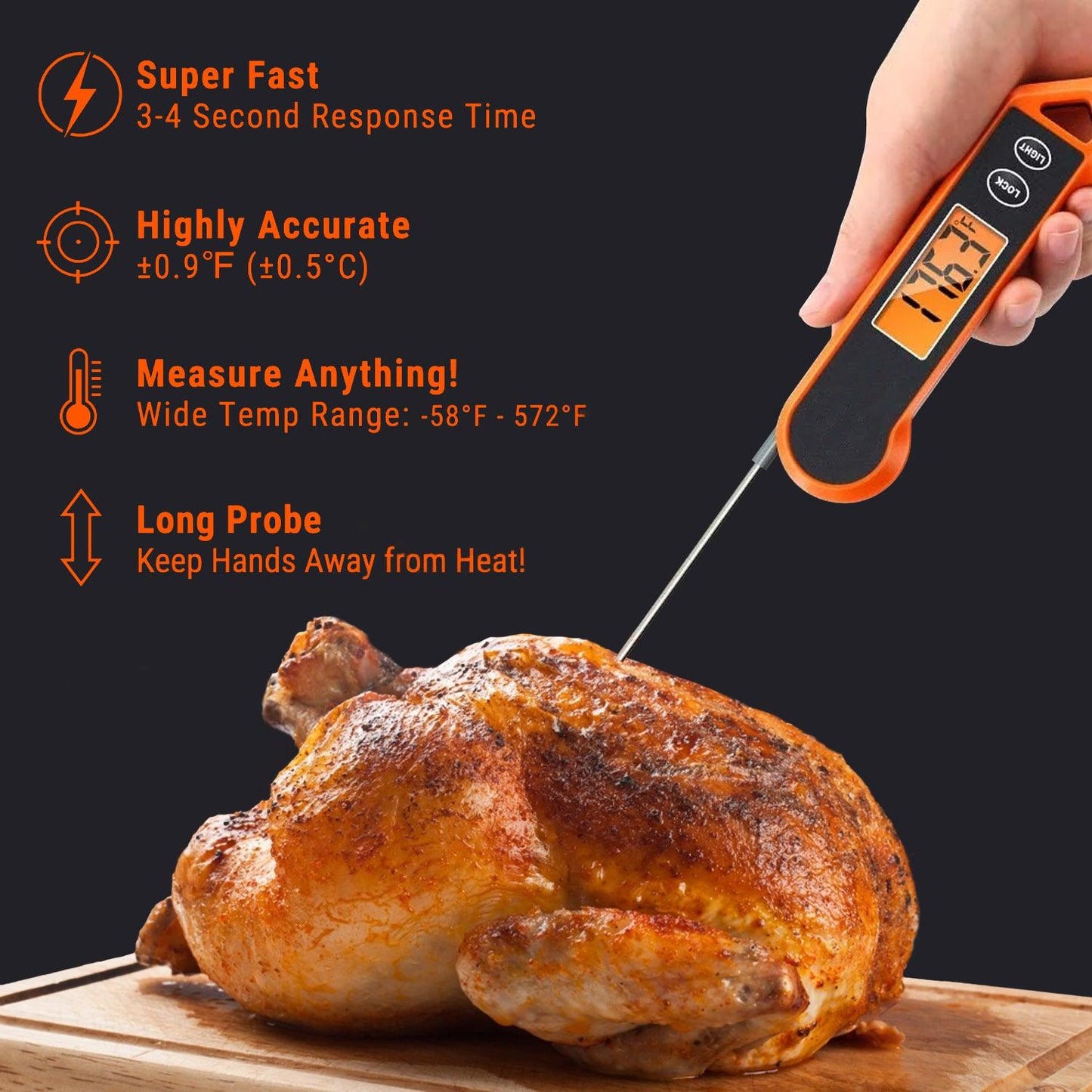 Food Cooking Thermometer - Digital Meat Thermometer for Cooking with Ambidextrous Backlit, Waterproof Meat Thermometer Probe for Kitchen Food Temperature BBQ Grill Smoker Oil Fry Candy Instant Read Thermometer