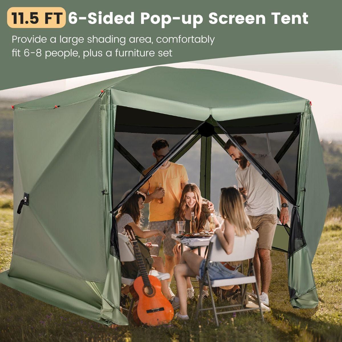 Family Camping Tent - 6-Sided Camping Gazebo Instant Setup Hub Tent with Portable Carrying Bag