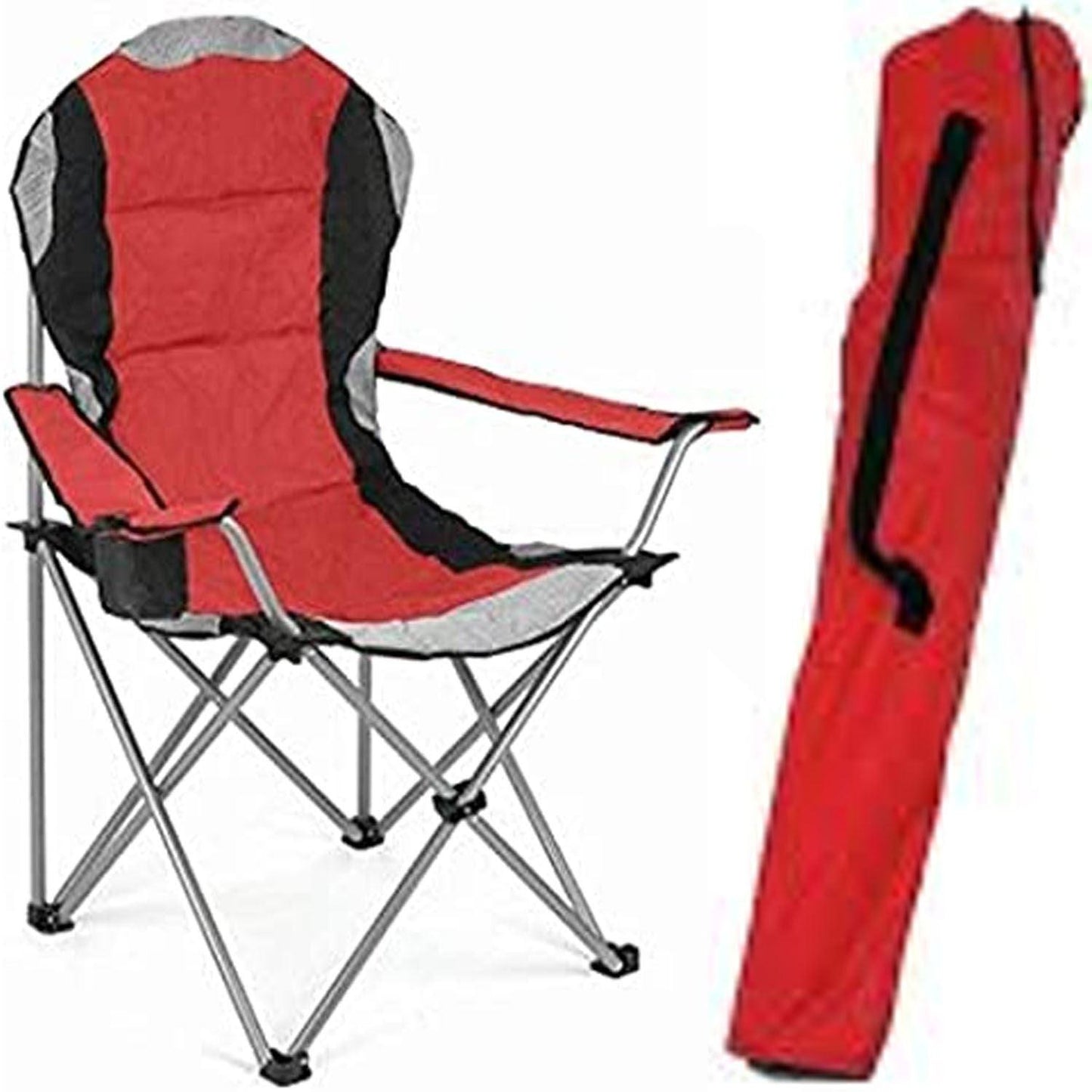Outdoor Camping Chair - Padded Folding Camping Deluxe Fold Chairs High Back With Cup Holder & Carry Bag