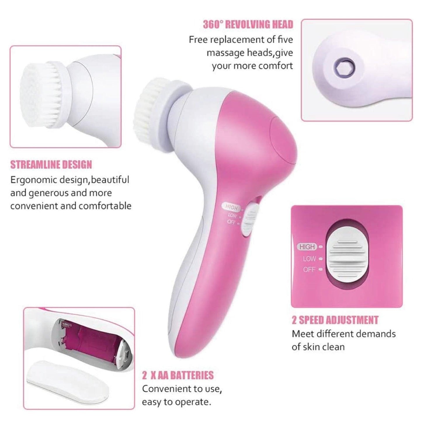 Facial Cleansing Brush - 5 in 1 Electric Facial Cleaner Wash Face Brusher Hand Skin Exfoliation Massager