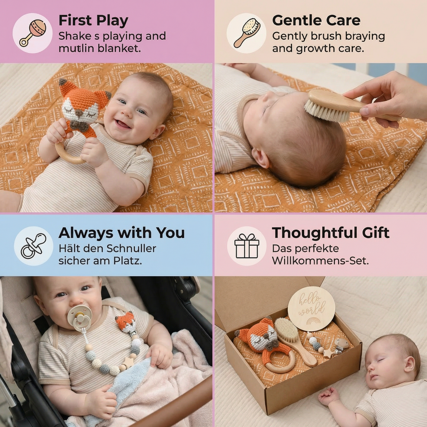 Newborn Gift Box – Crochet Animal Rattle, Wooden Toy, Muslin Blanket & Pacifier Clip