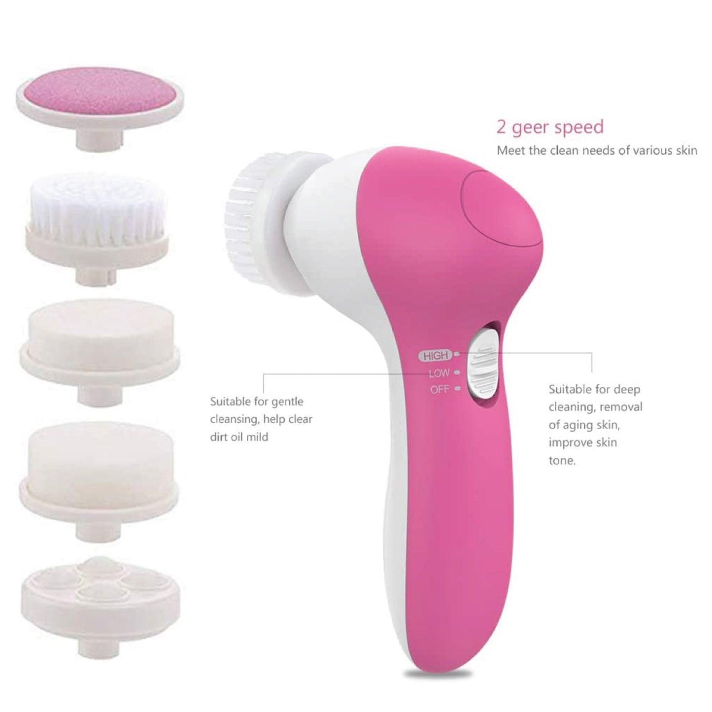 Facial Cleansing Brush - 5 in 1 Electric Facial Cleaner Wash Face Brusher Hand Skin Exfoliation Massager