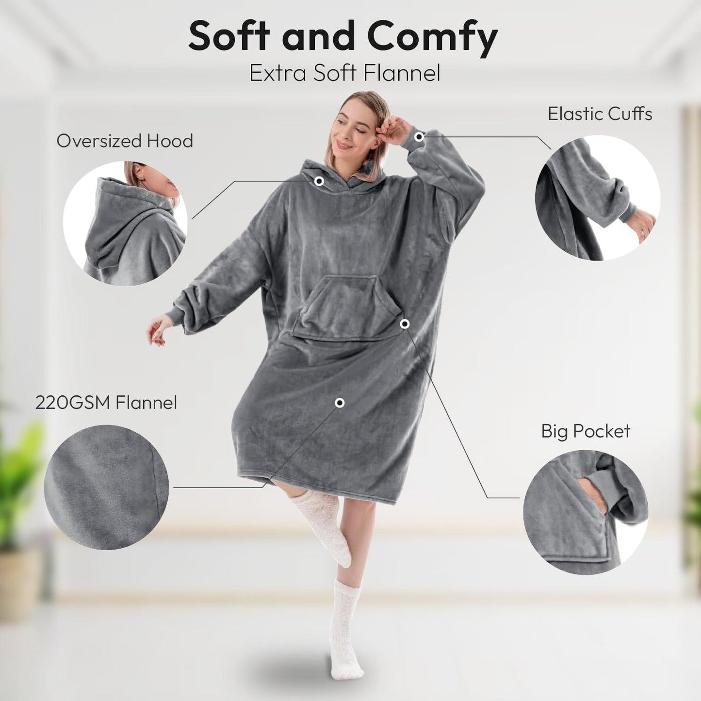 Oversized Blanket Hoodie - Super Soft Warm Cozy Snuggle Hoodie | Thick Flannel Sherpa Hoodie Blanket with Sleeves and Giant Pocket