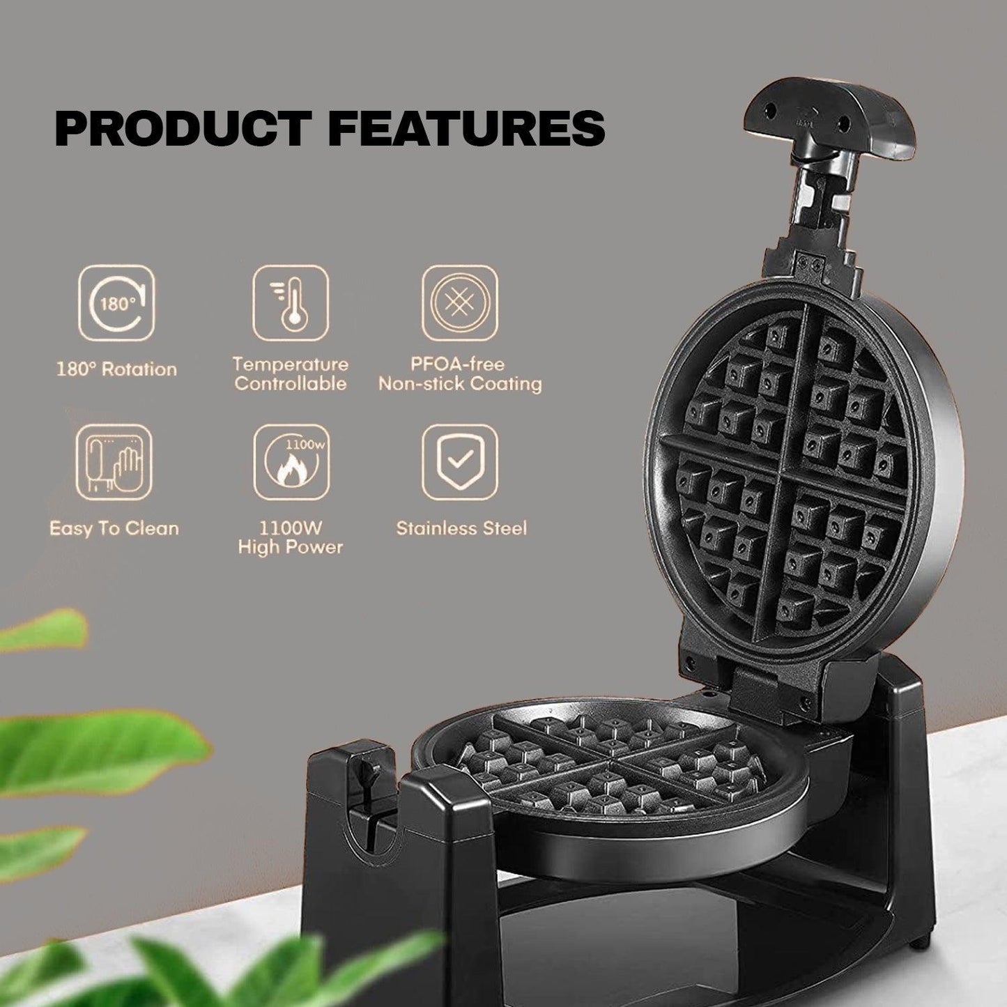 Rotating Waffle Maker - 1000W Non-Stick Rotary Waffle Iron with Auto Temperature Control | Cooks Upto 4 Waffles
