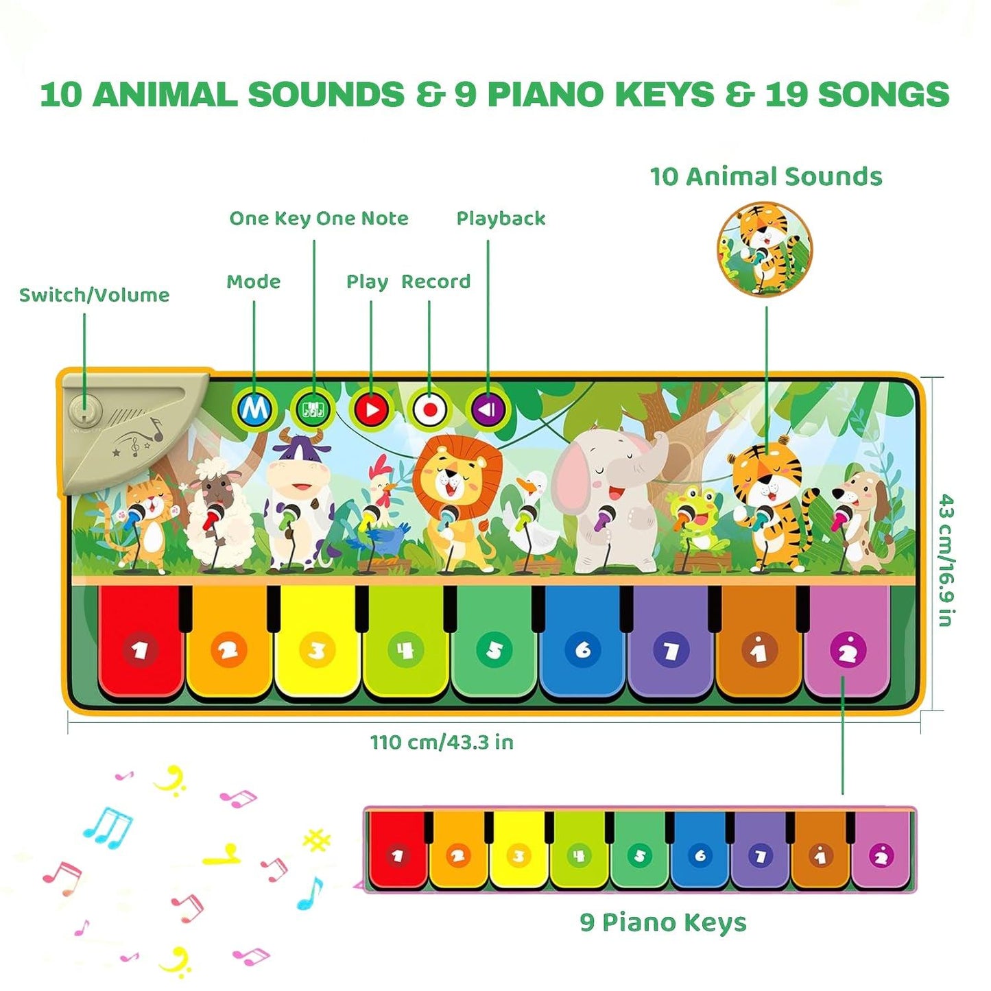 Floor Keyboard Mat Piano - Musical Play Mat with 9 Piano Key Dance Mat Built in 19 Sounds & Recording Function for Toddlers Birthday Gifts