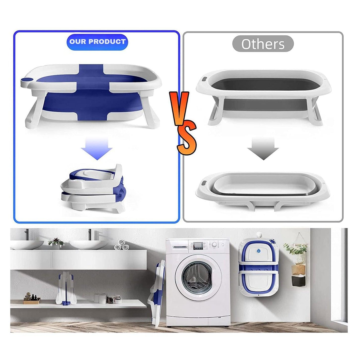 Baby Bath Tub - Foldable Child Bathtub With Thermometer & Bathtub Cushion & Bath Net