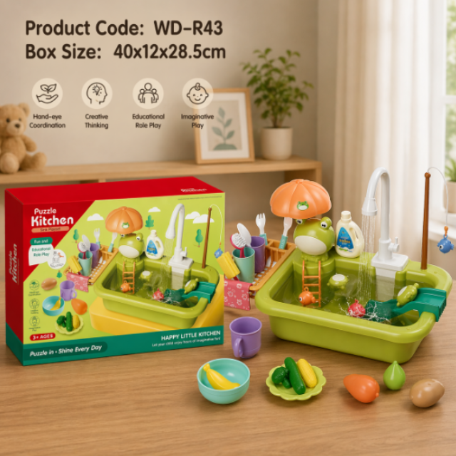 Kids Play Kitchen Sink Set with Running Water & Fishing Game