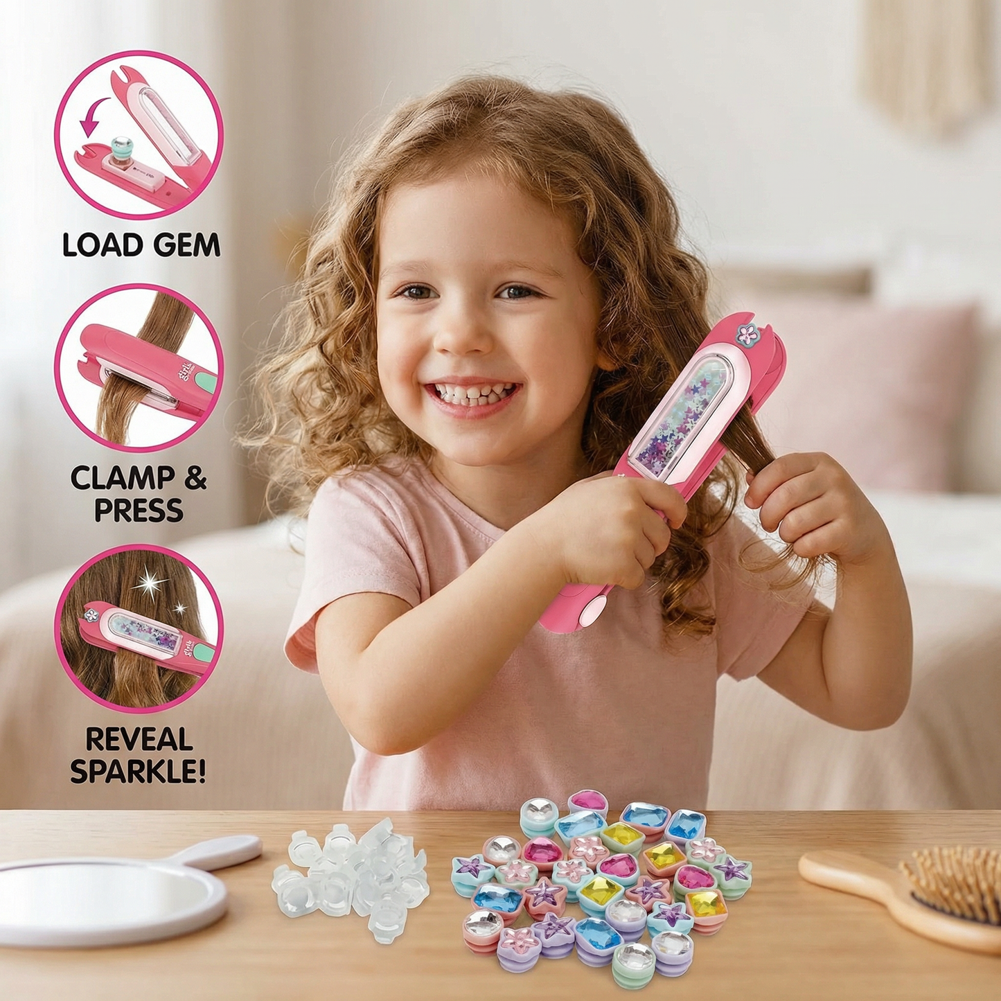 Kids Hair Gem Styling Kit – Hair Gem Stamper with Reusable Sparkling Gems