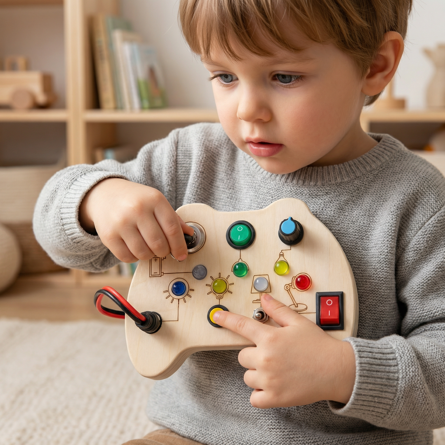 Wooden LED Busy Board Controller – Montessori Sensory Learning Toy for Motor Skills