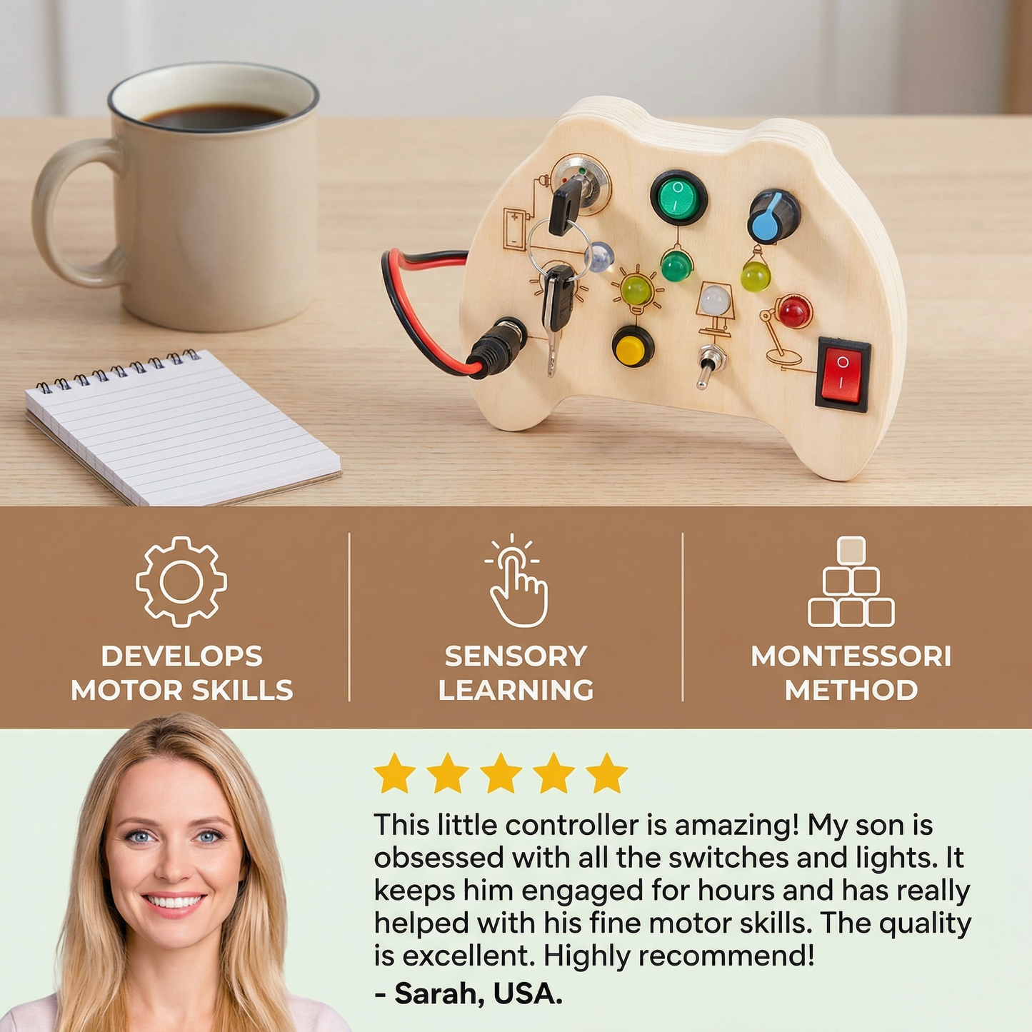 Wooden LED Busy Board Controller – Montessori Sensory Learning Toy for Motor Skills