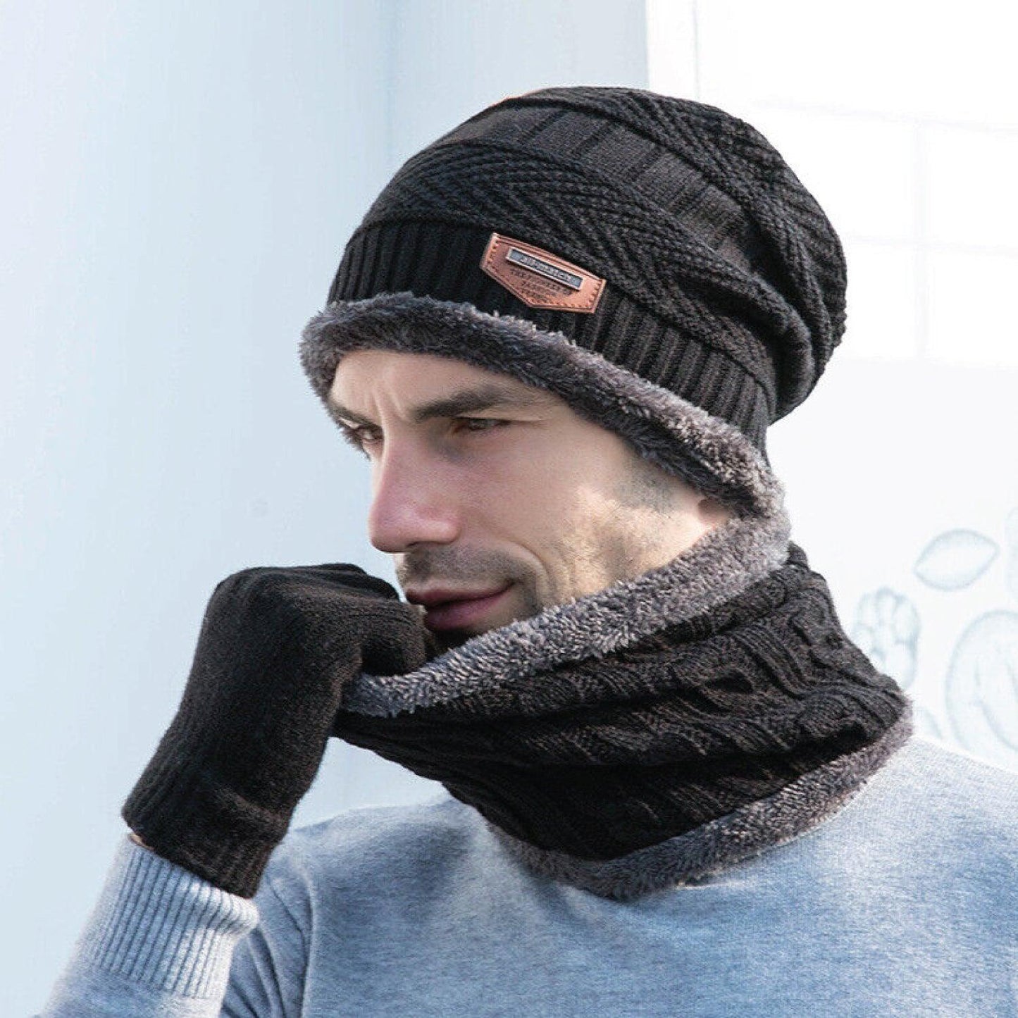 Hat Scarf and Gloves Set - 3pcs Mens Winter Thermal Beanie Knit Hat Glove Neck Scarf Set Men Ski Snow Caps