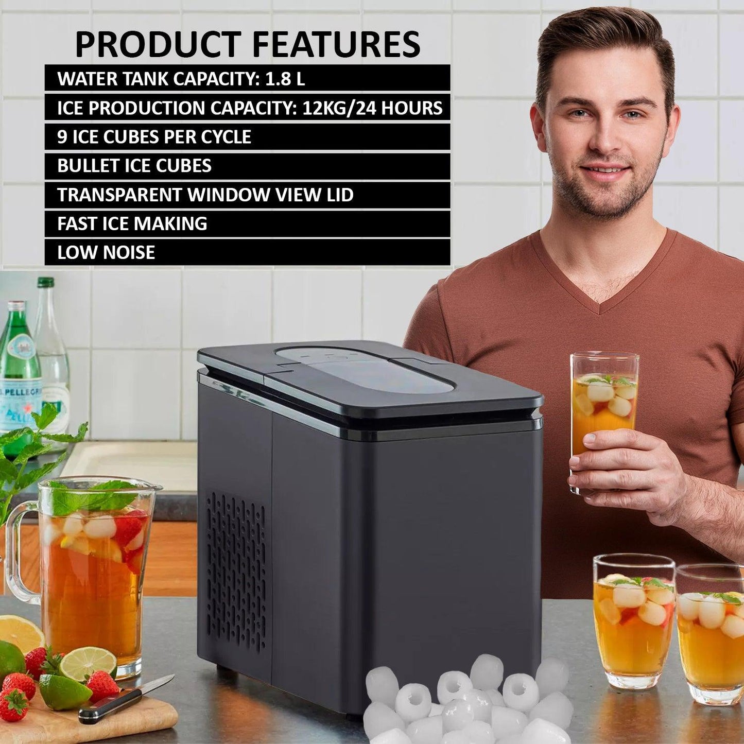 Ice Cubes Maker Machine - 1.8L Automatic Electric Ice Cube Maker Counter Top Cocktails Drink