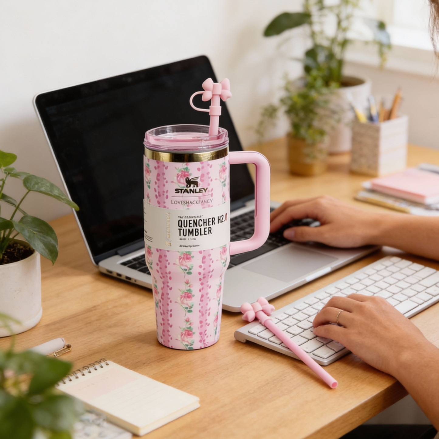 Insulated Straw Tumbler - 40 OZ Stanley Quencher H2.0 Tumbler with Straw Travel Mug for Cold or Hot Drinks Love Shack Fancy