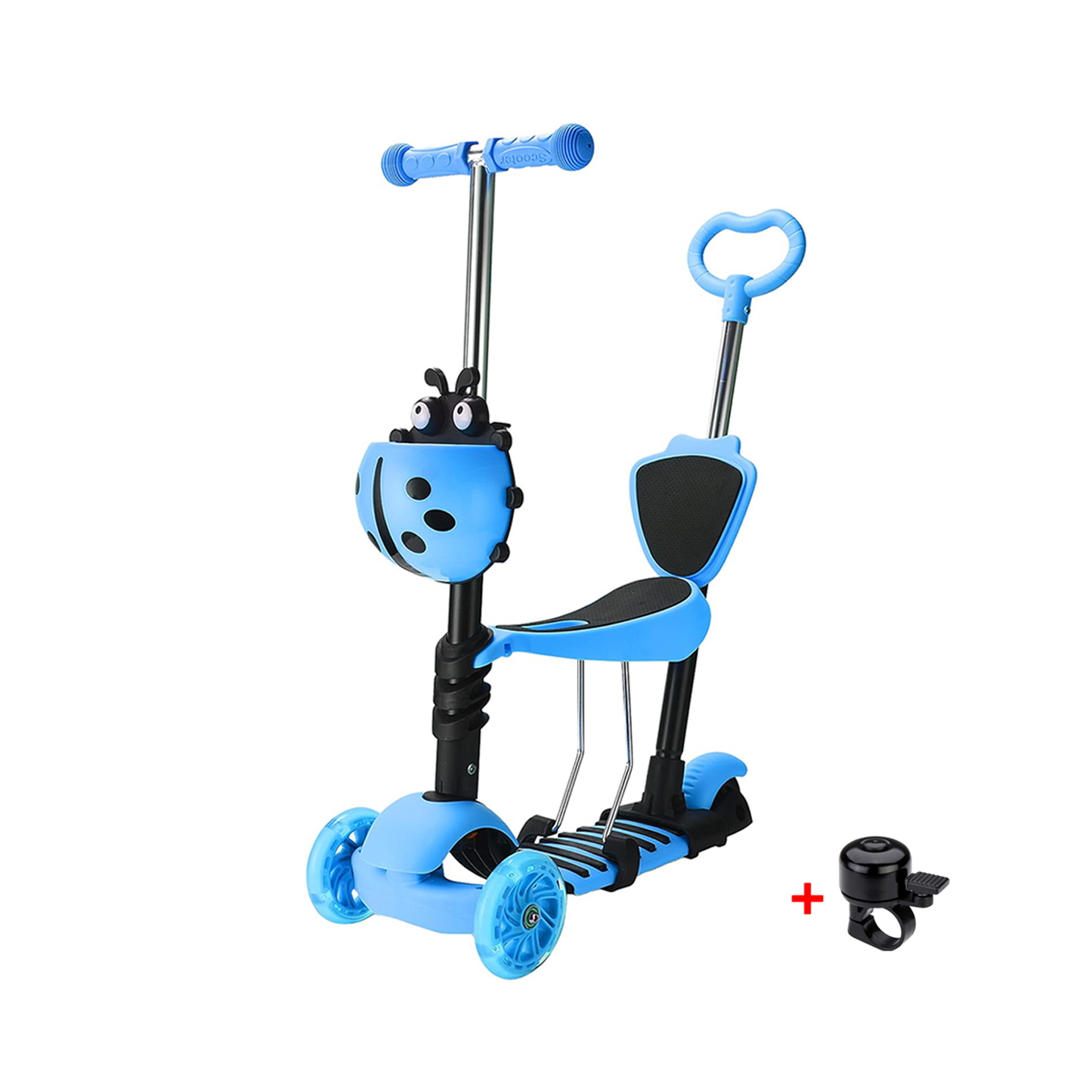 Kids Push Scooter – 5 in 1 Adjustable Height Removable Seat LED Flashing 3 Wheels