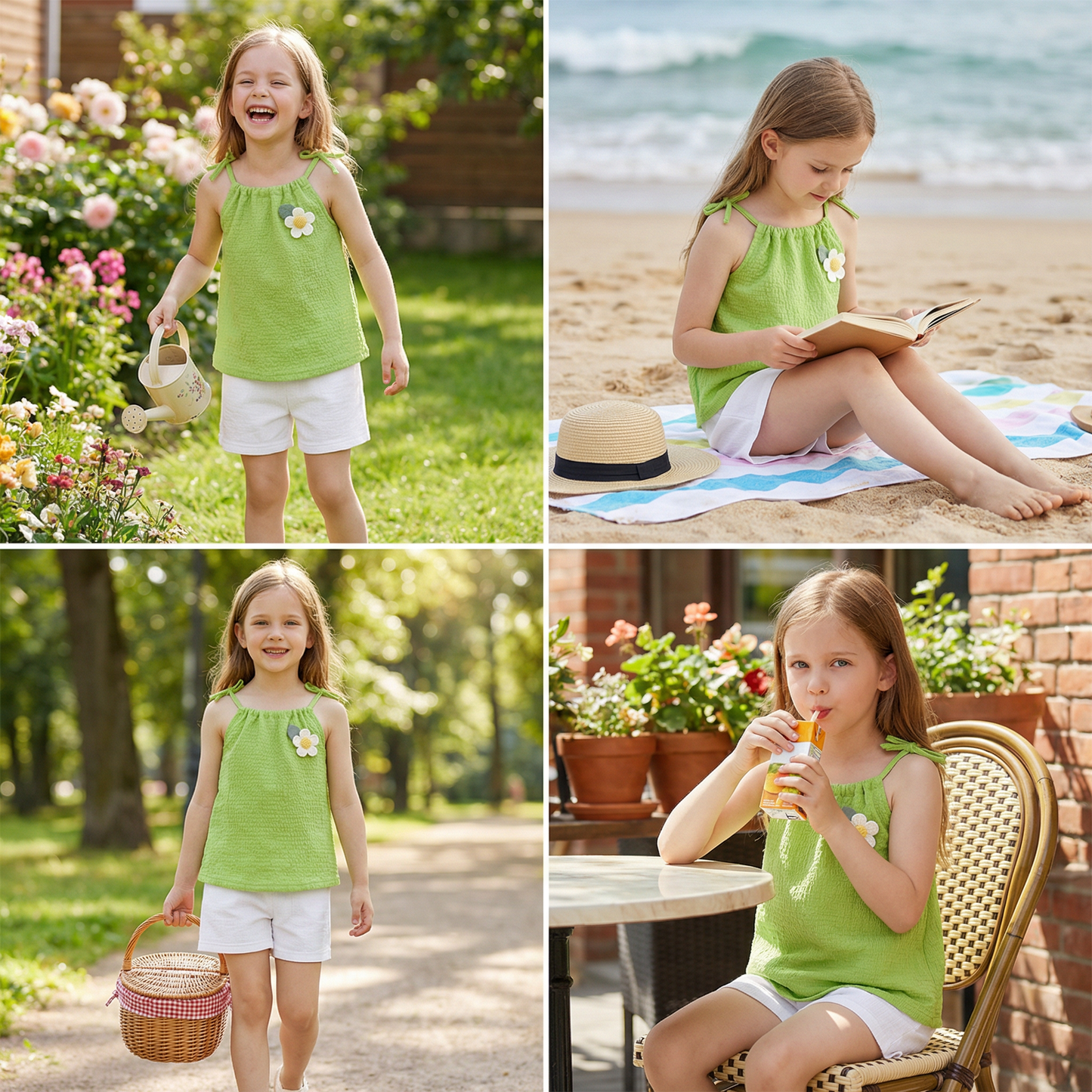 Girls’ Korean Style Summer 2-Piece Set – Floral Camisole Top & Shorts
