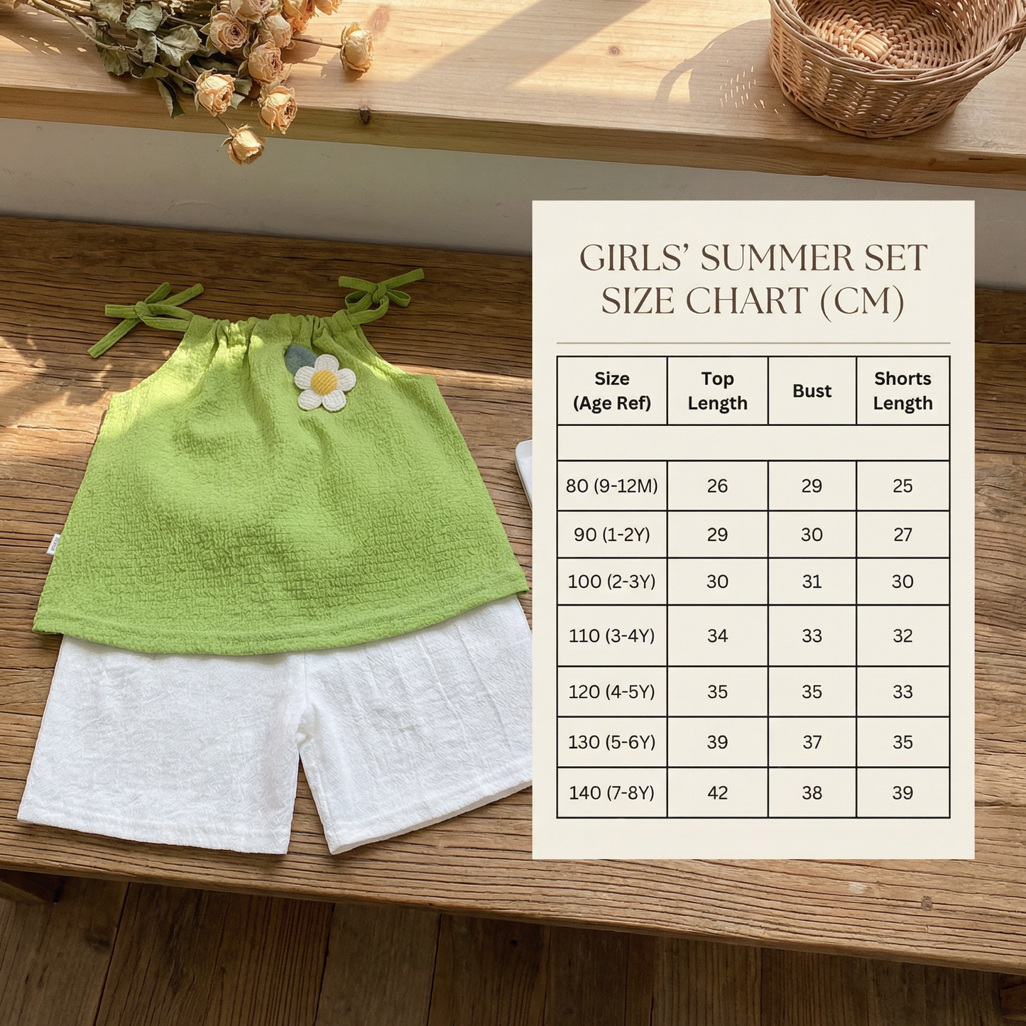 Girls’ Korean Style Summer 2-Piece Set – Floral Camisole Top & Shorts