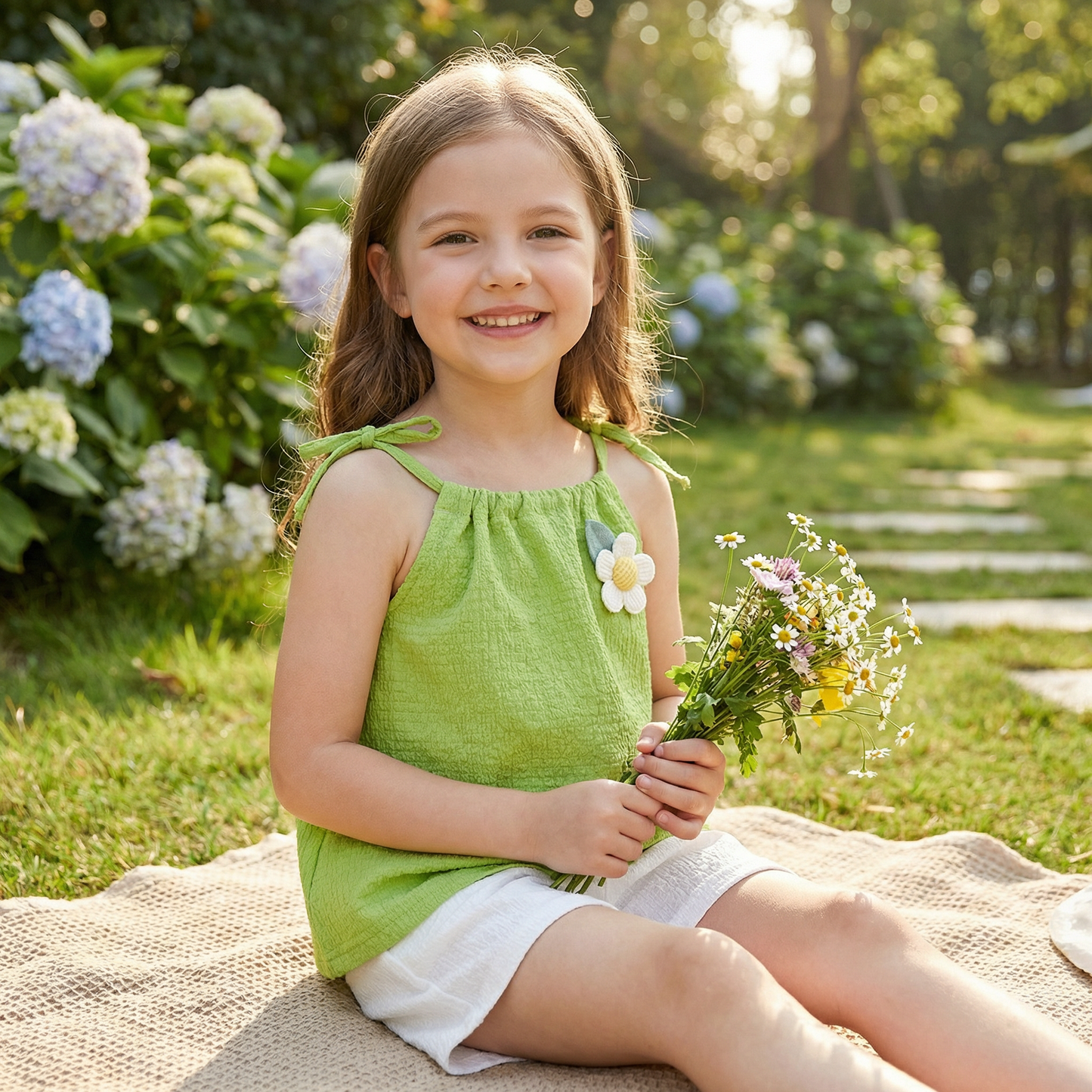 Girls’ Korean Style Summer 2-Piece Set – Floral Camisole Top & Shorts