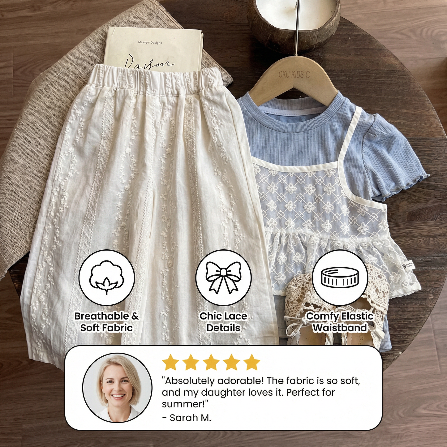 Baby Girl 3-Piece Summer Outfit – Lace Short Sleeve Top & Pants Set