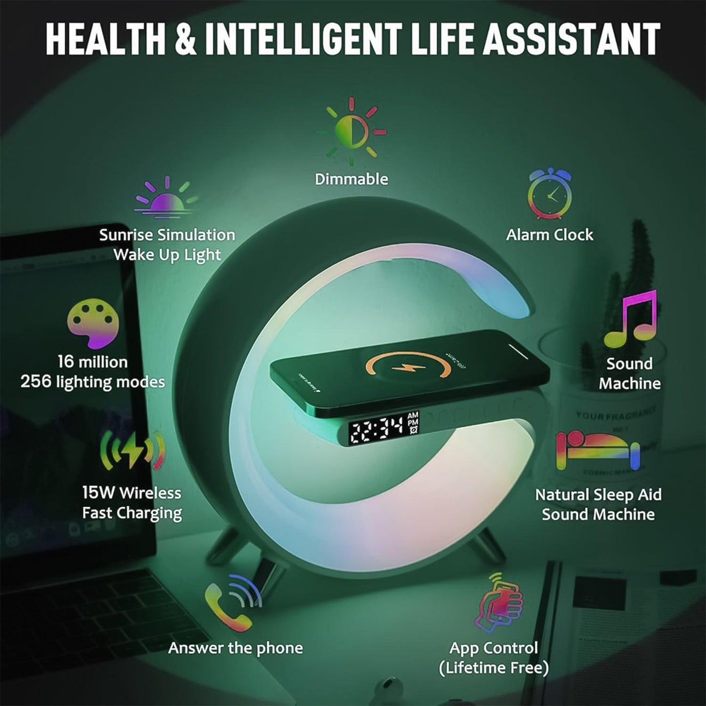 Smart LED Lamp - Lamp with Smart G Bluetooth Speaker Wireless Charger RGB Alarm Clock Night Light