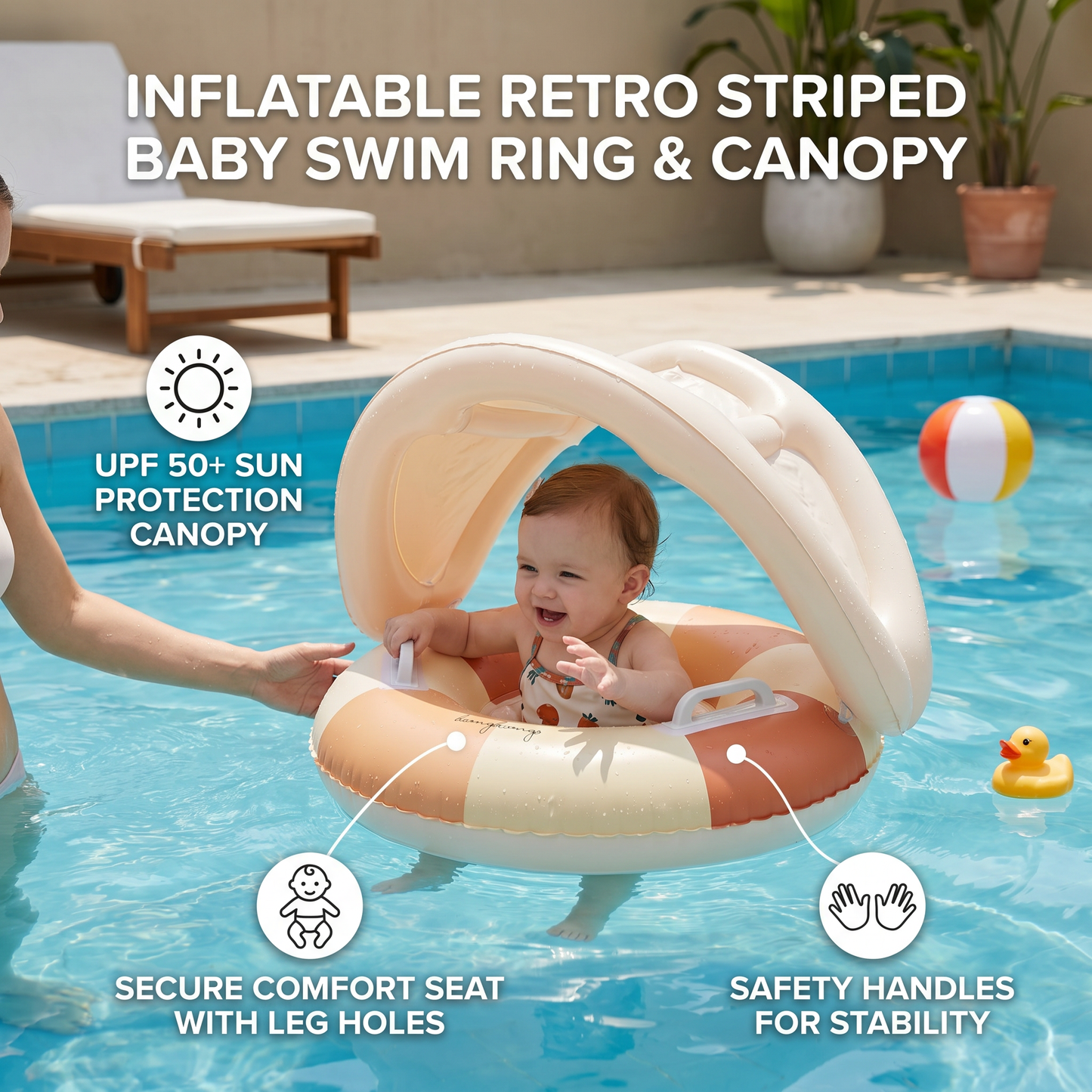 Inflatable Retro Striped Baby Swim Ring with Removable Sun Canopy – Secure Seat for 6–36 Months