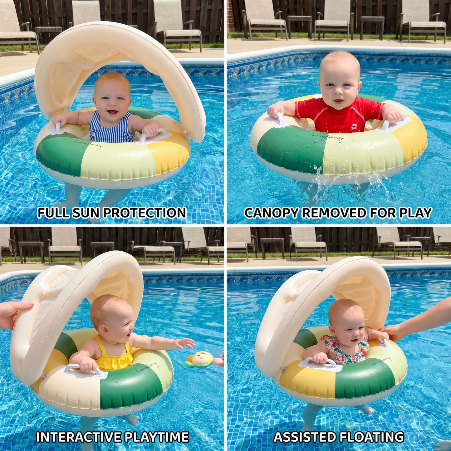Inflatable Retro Striped Baby Swim Ring with Removable Sun Canopy – Secure Seat for 6–36 Months