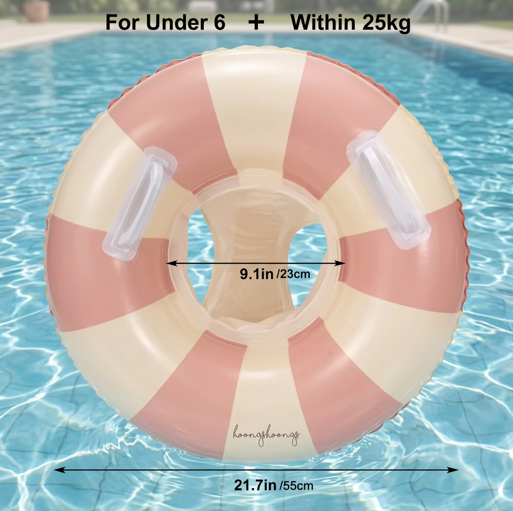 Inflatable Retro Striped Baby Swim Ring with Removable Sun Canopy – Secure Seat for 6–36 Months
