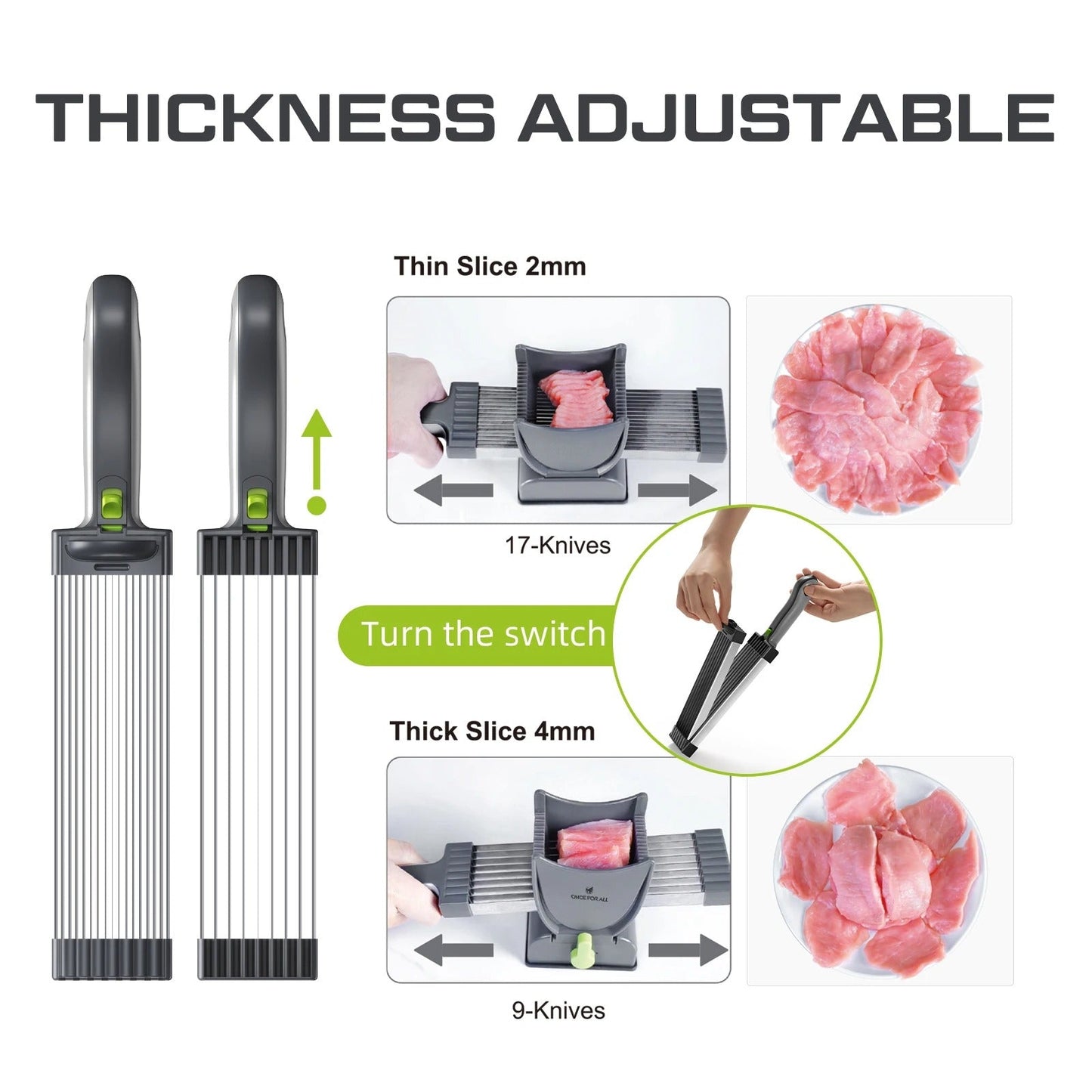 18-Blade Multifunctional Meat Slicer – Adjustable Thickness Manual Cutter for Slices, Strips, Minced & Shredded Meat